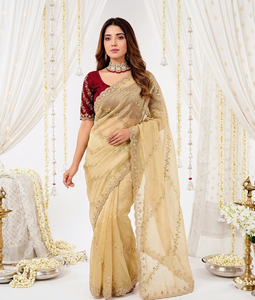 AARA Fashion Beige Silk Saree Red <b>Blouse</b> Traditional Indian Wedding Wear Women's Floor-Length <b>Sari</b> Regular Fit All Seasons Sun - Product Image 1