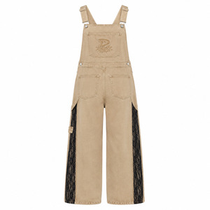 Ivory White Wide Leg Overalls <b>Black</b> Lace Insert Pearl Studded Feminine Y2K Streetwear Trousers - Product Image 3