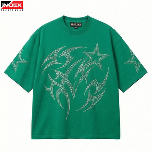 T-shirt vert surdimensionné pour homme Malika, manches courtes, col rond, imprimé pailleté, motif étoile, style streetwear, jersey tricoté respirant - Product Image 1