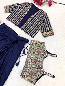 Women Navy Blue Embroidered Ethnic Dress Set With Floor-Length Skirt And Crop <b>Top</b> Loose Fit Party Wear India Pakistan Style - Product Image 6