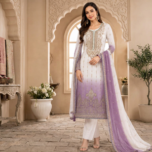 Ensemble salwar kameez pakistanais brodé blanc et violet, collection de vêtements ethniques traditionnels pour femmes - Product Image 1