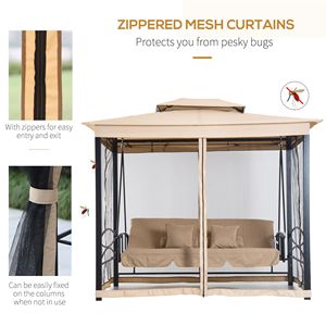 Dondolo da Giardino Beige a 3 Posti con Tettuccio a Doppio Strato e Pareti Laterali in Rete, Cuscini Imbottiti per Gazebo Esterno - Product Image 4