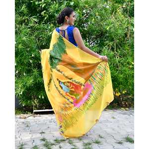 Sari jaune peint à la main Radhe, taille unique, pour les mariages - Product Image 6