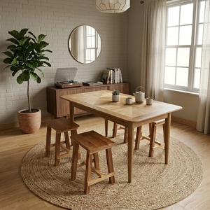 Juego de Mesa de Comedor de Madera de Teca Sólida con Tapa con Incrustaciones de Parqué, 4 Sillas sin Respaldo, Rectangular, Estilo Rústico, para Cocina, Patio o Jardín - Product Image 2