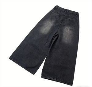 High Waist Wide Leg Stonewashed <b>Denim</b> Pants Loose Fit Solid Black Cotton Men's Casual Autumn Wear - Product Image 2