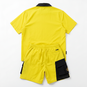 Conjunto Deportivo Urbano para Hombre en Amarillo y Negro con Bloques de Color, Manga Corta, Cierre Frontal con Cremallera, Transpirable, de Poliéster, Ropa Urbana de Verano - Product Image 3