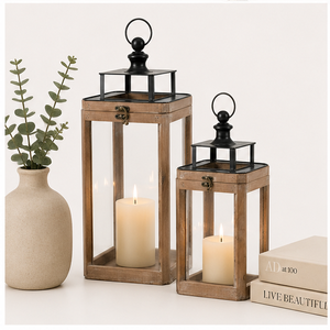 Set of 2 <b>Large</b> Farmhouse Wooden <b>Lanterns</b> with Metal Top Rustic Decorative Floor Candle Holders for Indoor Outdoor Home Decor - Product Image 4