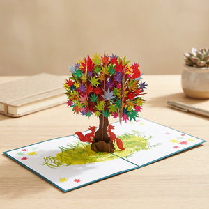 Carte de décoration d'intérieur en papier découpé 3D pop-up, motif arbre avec écureuils et feuilles d'érable colorées d'automne - Product Image 4
