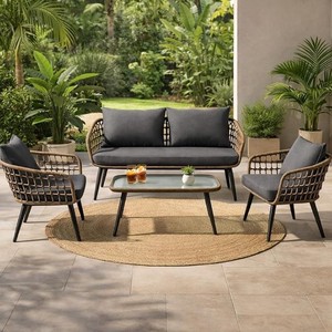 Contemporary <b>Rattan</b> Outdoor <b>Sofa</b> Set with Coffee Table Garden Seating 4 Person Weather Resistant Patio Furniture - Product Image 1