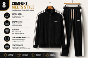 Unisex Autumn <b>Tracksuit</b> Set Black Corduroy Half-Zip Top With Stripes And Drawstring Pants Casual Wear For Adults - Product Image 3