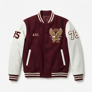 Chaqueta universitaria de técnica mixta, cuerpo de lana original de alto GSM, mangas de PU, botones cubiertos, cuello redondo, letras, transpirable, casual - Product Image 1