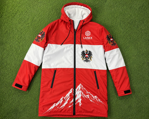 Custom Logo Austria Flag Swim Parka | Windproof Waterproof Hooded Long Jacket with Soft Fleece Interior for <b>Coaches</b> and Swimmers - Product Image 6