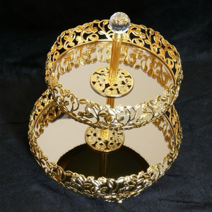 Two Tier High Grade Gold Plated Metal <b>Cake</b> Stand With Mirror Top And Floral Design Wedding And Parties <b>Cake</b> Display Stand <b>Supply</b> - Product Image 1