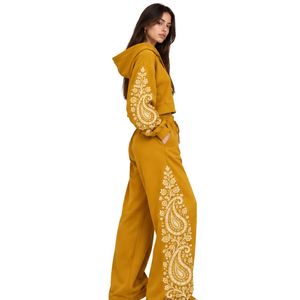 Ensemble de survêtement décontracté jaune moutarde pour femme, imprimé cachemire, comprenant un sweat à capuche court et un pantalon large, style streetwear ample - Product Image 2