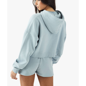 Wholesale Matching <b>Set</b> Oversized Crop Hoodie& Shorts Breathable Airport Outfit For Travelling Women 2PCS Sportswear - Product Image 2