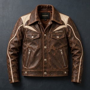 Blouson en cuir marron crème vintage pour homme, style motard western personnalisé, vêtement d'extérieur premium streetwear mode hiver 2026 - Product Image 4