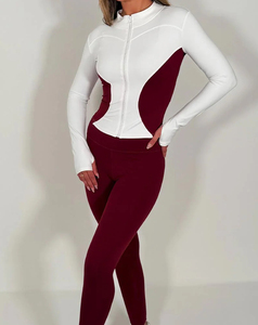 Ensemble de yoga 2 pièces pour femme, manches longues, blocs de couleur, fermeture éclair sur le devant, leggings taille mi-haute en Spandex/Nylon, respirant et sans coutures - Product Image 2