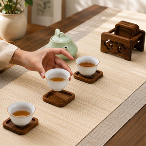 Handcrafted Teak Wood Coaster Set with Holder <b>Square</b> Rustic Drink Coasters for Coffee Cups Mugs Glasses Dining <b>Table</b> <b>Kitchen</b> - Product Image 5
