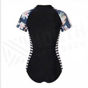 Women One Piece Swimwear Black Floral Sleeve Striped Side Zip Front Spandex Polyester Quick Dry Contrast Binding Stand Collar - Product Image 2