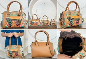 2026 Elegant Western Genuine Cowhide <b>Leather</b> Medium Speedy Bag Cactus Sunset Pattern Weekender Travel Duffel Bag for Unisex - Product Image 3