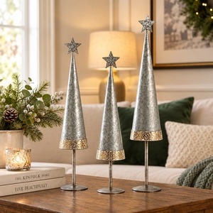 Brass Metal <b>Christmas</b> Tree Decoration Set of 3 with <b>Star</b> Topper Hammered Finish Tabletop Mantel Holiday Decor Figurine Craft - Product Image 2