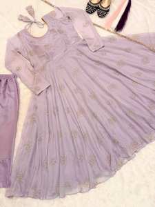 Vestido Anarkali de Diseño de Lujo con Bordado en Hilo Morado Claro y Verde Claro, Traje de Fiesta al Mejor Precio - Product Image 5