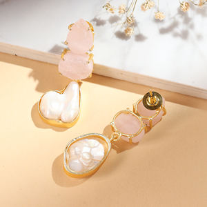 Natural <b>Rose</b> <b>Quartz</b> & Baroque Freshwater Pearl Statement handmade Drop <b>Earrings</b> in Gold Plated Brass - Product Image 2