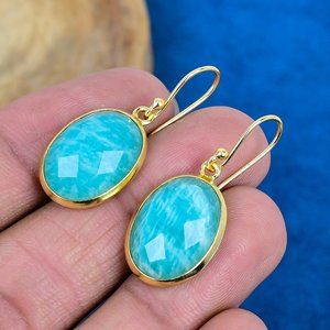 Natural Handmade Blue Amazonite Oval Shape Gemstone Drop Earrings 18k Micron Gold Over 925 <b>Sterling</b> <b>Silver</b> - Product Image 3