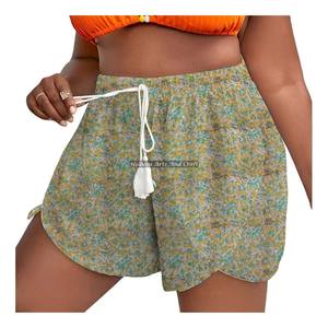 Shorts d'été pour femme en coton imprimé Sanganeri avec cordon de serrage en corde, style loungewear - Product Image 1