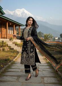 Black Cotton Embroidered Salwar Kameez Set <b>Women</b> <b>Kurti</b> Palazzo Dupatta Traditional Wedding Party Outfit Quick Dry India Pakistan - Product Image 3