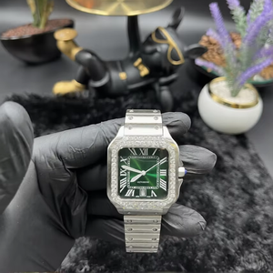 Reloj de Pulsera Cuadrado de Acero Inoxidable con Incrustaciones de Diamantes Moissanite, Esfera Verde con Números Romanos, Movimiento Automático, Fecha, Reloj de Moda - Product Image 1