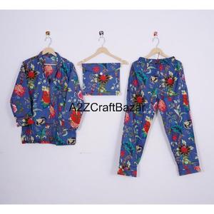 Femmes confortable bleu imprimé fleuri 100% coton pyjama ensemble à la main chemise de nuit pyjamas printemps été hiver pratique Combo - Product Image 5