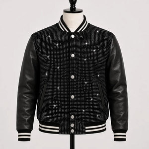 Chaqueta de cuero de invierno para hombre con pedrería, estilo motociclista, cierre completo, cuello alto, forro suave, ropa exterior informal, MOQ bajo - Product Image 1