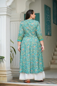Women's <b>Plus</b> <b>Size</b> Polyester Anarkali Kurti Green Floral Printed Mandarin Collar Three Quarter Sleeves Comfortable Daily Wear - Product Image 4