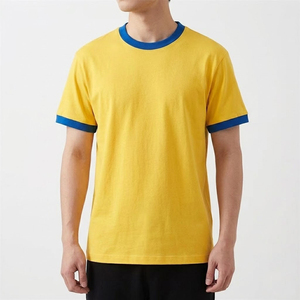 Camiseta de Manga Corta Amarilla para Hombre con Ribete en Contraste Azul, Corte Regular, Cuello Redondo, Color Sólido, Tejido de Algodón - Product Image 1