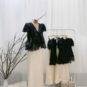 Ensemble deux pièces d'été respirant pour femme, style vintage, en mousseline unie avec nœud, comprenant une blouse et une jupe longue - Product Image 5