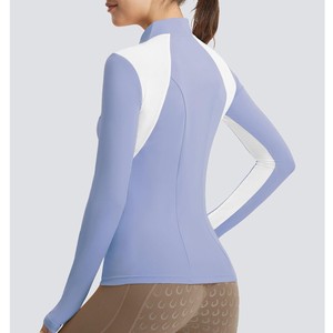 Camiseta de equitación de manga larga morada para mujer, la más vendida, con media cremallera, bloques de color, malla de secado rápido, top ecuestre, ropa para montar a caballo, OEM ODM - Product Image 3