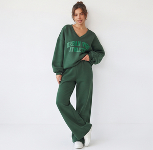 Ensemble de survêtement décontracté vert pour femme, col en V, coupe ample, imprimé, manches longues, en molleton de coton, pantalon oversize - Product Image 5