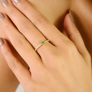 14k Solid Gold Dainty Emerald Cut Diamond <b>Stacking</b> Wedding <b>Ring</b> with Pave Setting Natural Stone Resizable - Product Image 1