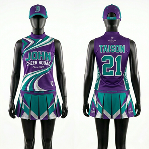 Uniforme de cheerleading haut de gamme en polyester et élasthanne 220 GSM, design à panneaux violet, turquoise et blanc, ensemble personnalisé avec logo par sublimation - Product Image 1