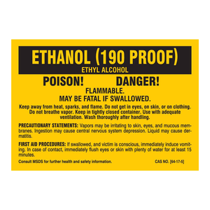 Etiquetas de Advertencia de Peligro de Veneno Brady Ethanol 190 Proof, Autoadhesivas, Duraderas, para Contenedores de Laboratorio - Product Image 1