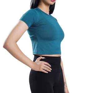 Camiseta Deportiva Corta Personalizada para Mujer, Color Azul Turquesa, Cuello Redondo, Manga Corta, Ajustada, Elástica, Transpirable, para Gimnasio, Entrenamiento, Running, Yoga - Product Image 2
