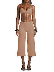 Conjunto de Top Corto Halter Estampado y Pantalones Capri de Pierna Ancha Talla Grande, Nuevo 2026 |   Conjunto de Yoga Sexy de 2 Piezas para Mujer - Product Image 5