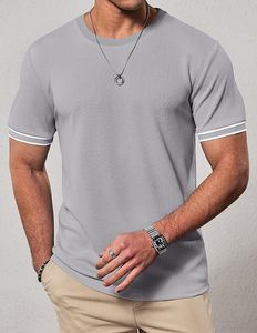 T-shirt pour homme à manches courtes gris, col rond, coupe ajustée, 100% coton tricoté, décontracté, respirant, couleur unie, longueur normale - Product Image 3