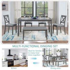 Set da Pranzo 6 Pezzi: Tavolo Rettangolare in Legno con 4 Sedie Imbottite e Panca per 6 Persone, Elegante Set per Sala da Pranzo - Product Image 4