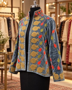 Suzani Grey <b>Velvet</b> Embroidered <b>Jacket</b> for <b>Women</b> Elegant Floral Threadwork Ethnic Open Front Winter Fashion Party Wear Wholesale - Product Image 4