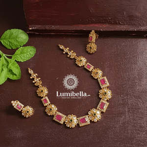 Rhodium Plated Fine Bridal Jewelry Set Leaf Shape Earrings with Ruby Embellished Matte Neckset - Product Image 3