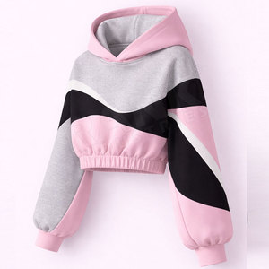 Sudadera con capucha corta para mujer, personalizada, rosa, de manga larga, informal, oversize, con bloques de color - Product Image 3
