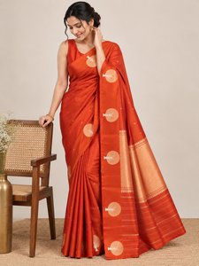 Sari de Seda de Mango Crudo Banarasi Naranja, Bordado, Vestido Tradicional Indio para Bodas y Festivales - Product Image 2