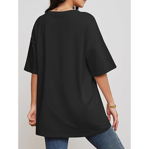 Camiseta Negra Oversize de Cuello en V para Mujer, Manga Corta, Corte Holgado, Color Sólido, Algodón Jersey, Estilo Casual Primavera Verano - Product Image 2